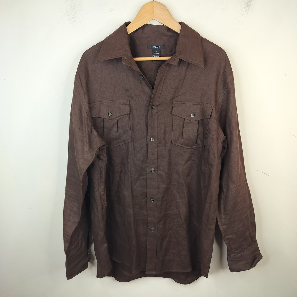 Cezani Linen Button Down Shirt Large Long Sleeve Safari Casual Brown